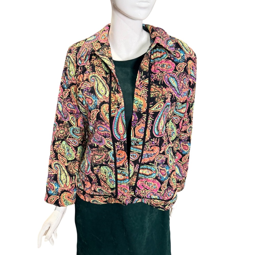 Vintage Requirements Paisley Quilted Jacket Multi Color Black Size L Lined Boho